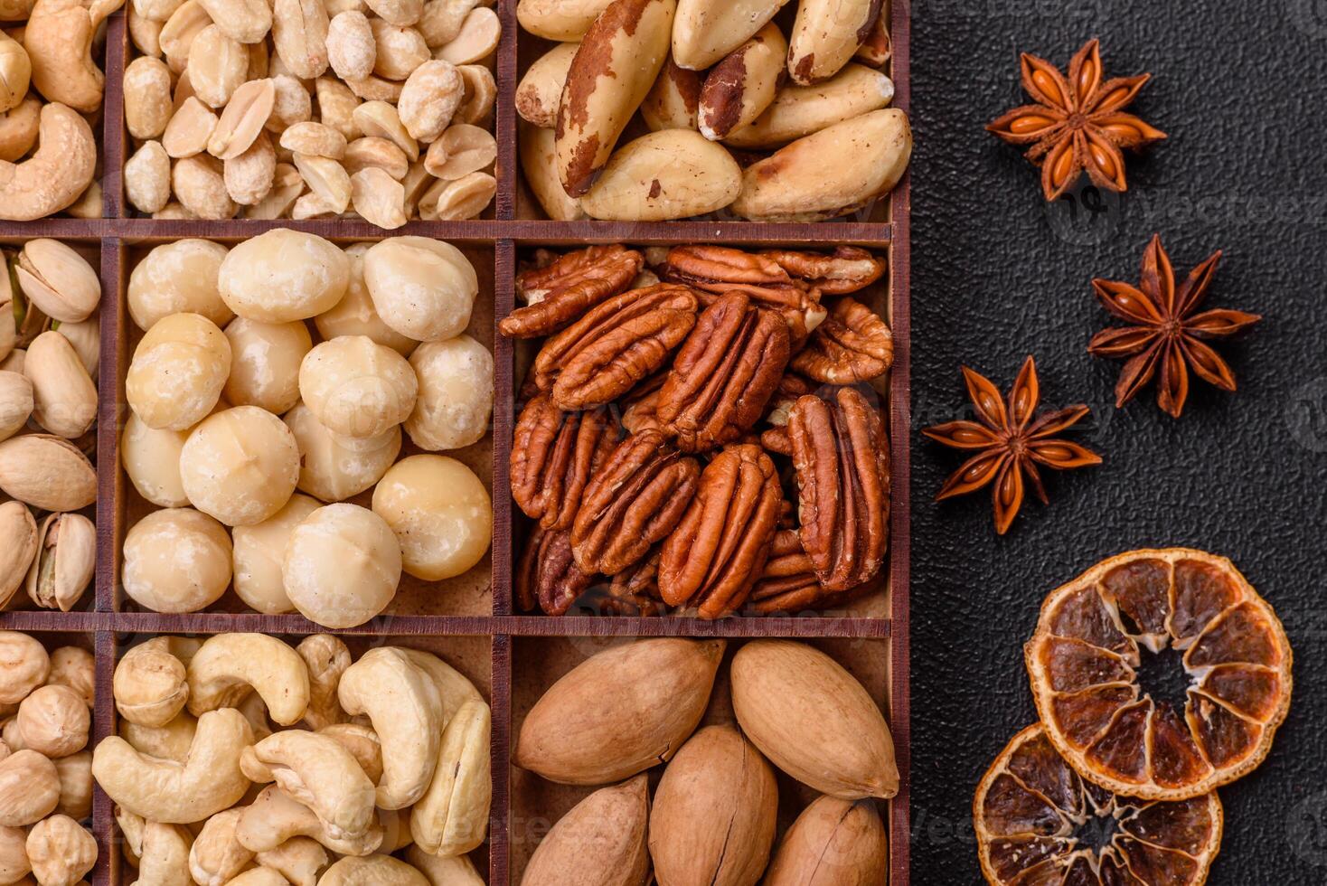 Box with various nuts cashew, macadamia, peanut, cedar, pecan, walnut, brazil, hazelnut photo