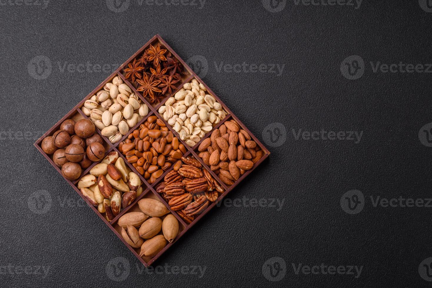 Box with various nuts cashew, macadamia, peanut, cedar, pecan, walnut, brazil, hazelnut photo