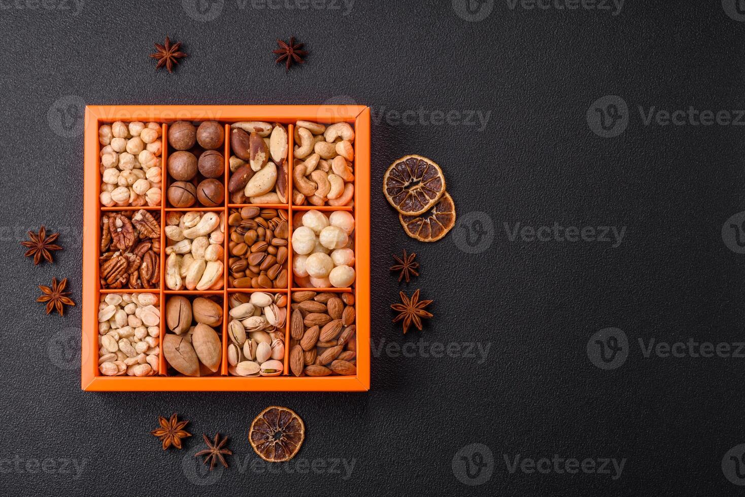 Box with various nuts cashew, macadamia, peanut, cedar, pecan, walnut, brazil, hazelnut photo
