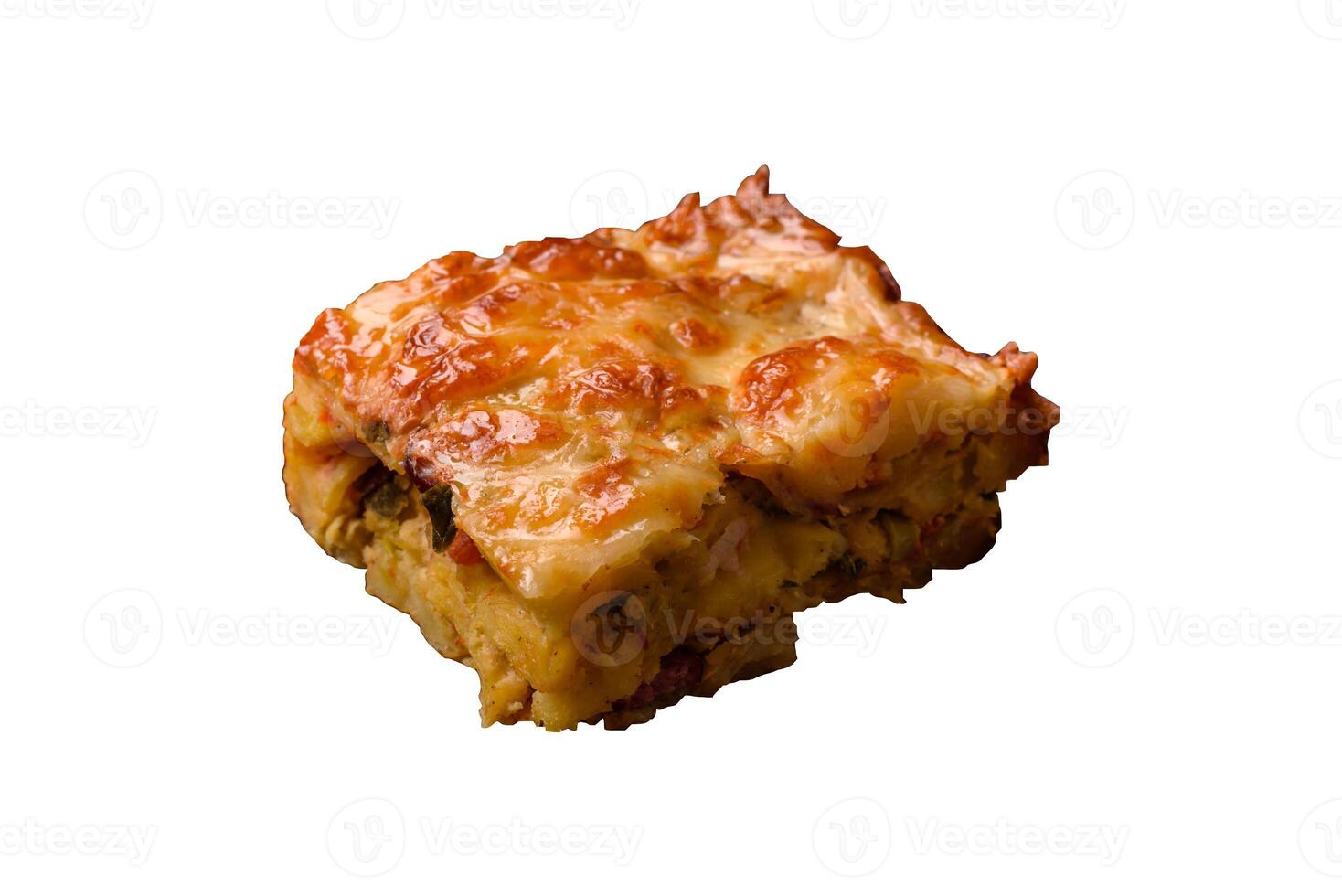 Lasagna or pasta layered with meat, cheese, salt, spices and herbs photo