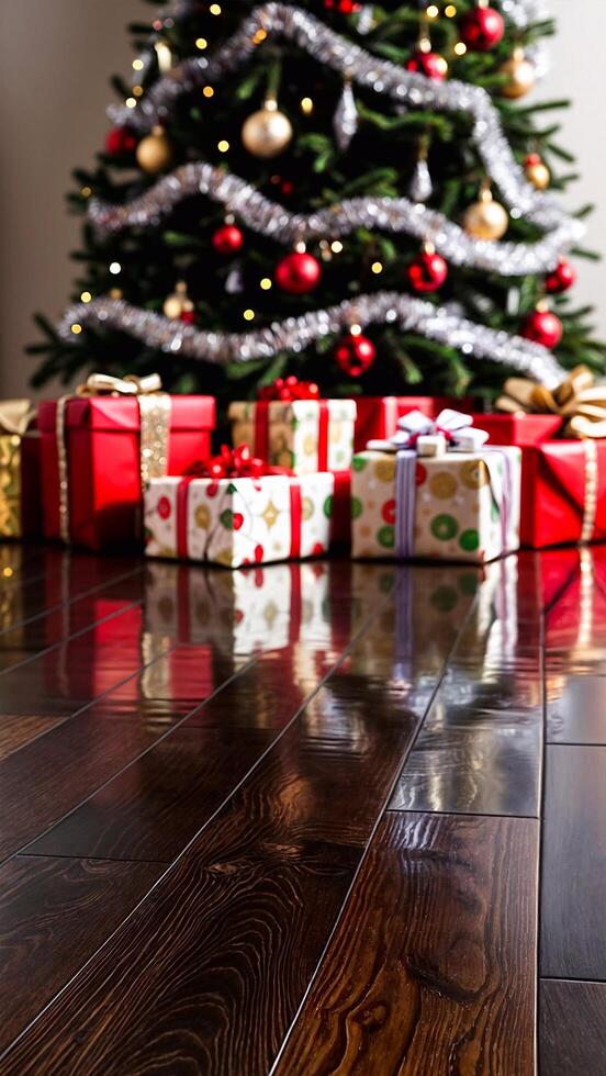 Close-up dark wooden floor with brightly decorated Christmas tree and colorful gifts in background photo