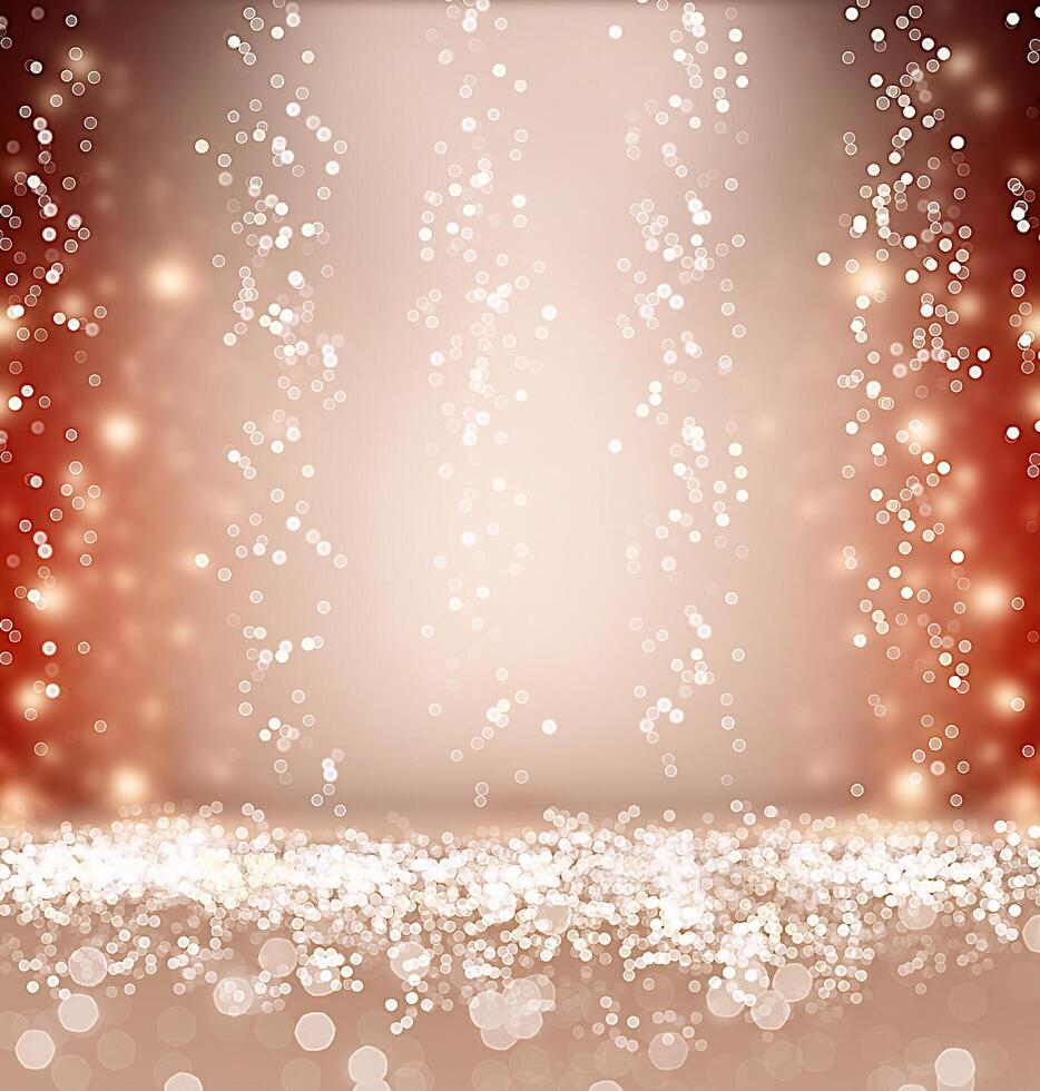 Empty surface for Christmas product presentation. Red and white bokeh effect shine in background. photo