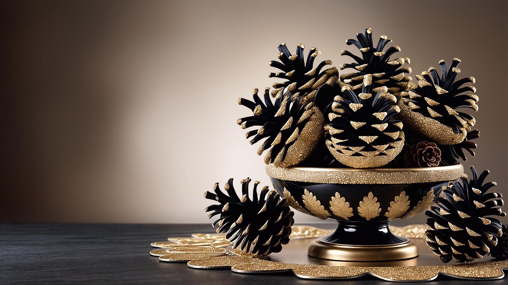 Black pine cones with glitter trim are artfully arranged in decorative bowl with gold border. photo