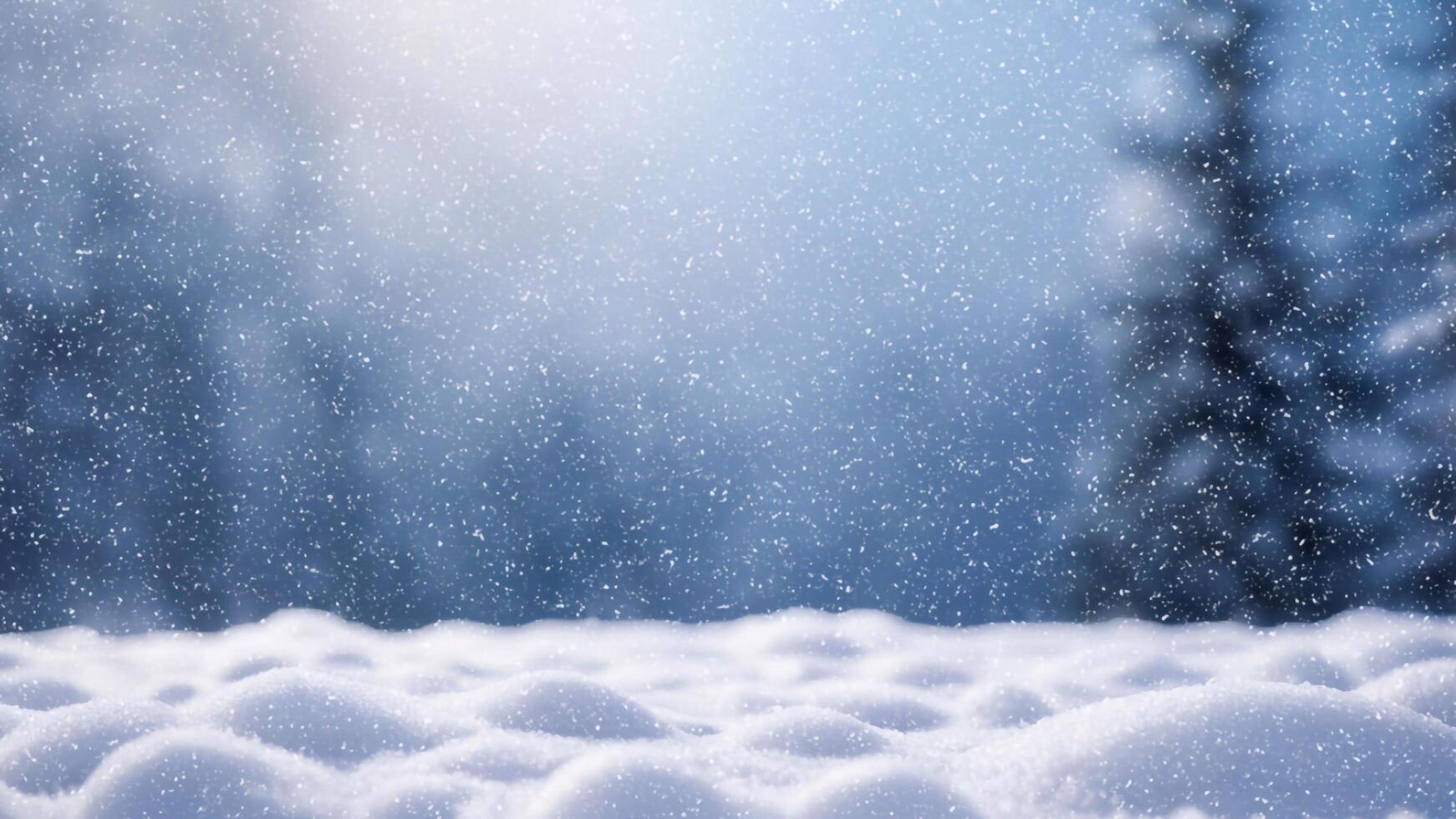 Abstract blurred nature winter background with fir trees and snowflakes with empty space for text photo