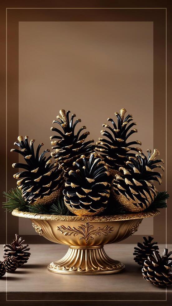 Decorative bowl with gold border featuring black glitter-accented pine cones photo