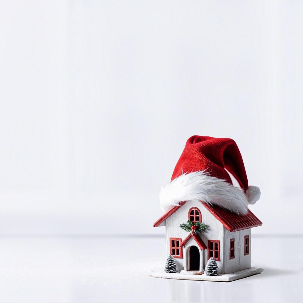 Small Christmas house with big red Santa hat on roof on white background, empty space for text. photo