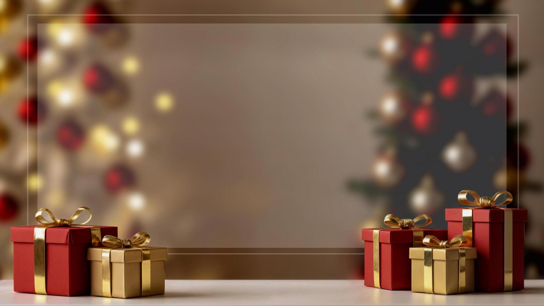 Greeting card with Christmas trees, red and gold boxes on blurred background. Empty space for text photo