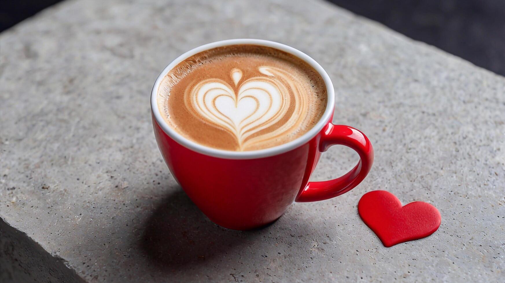 Red cup with hot latte drink and red heart next to it on grey concrete surface in grunge style photo
