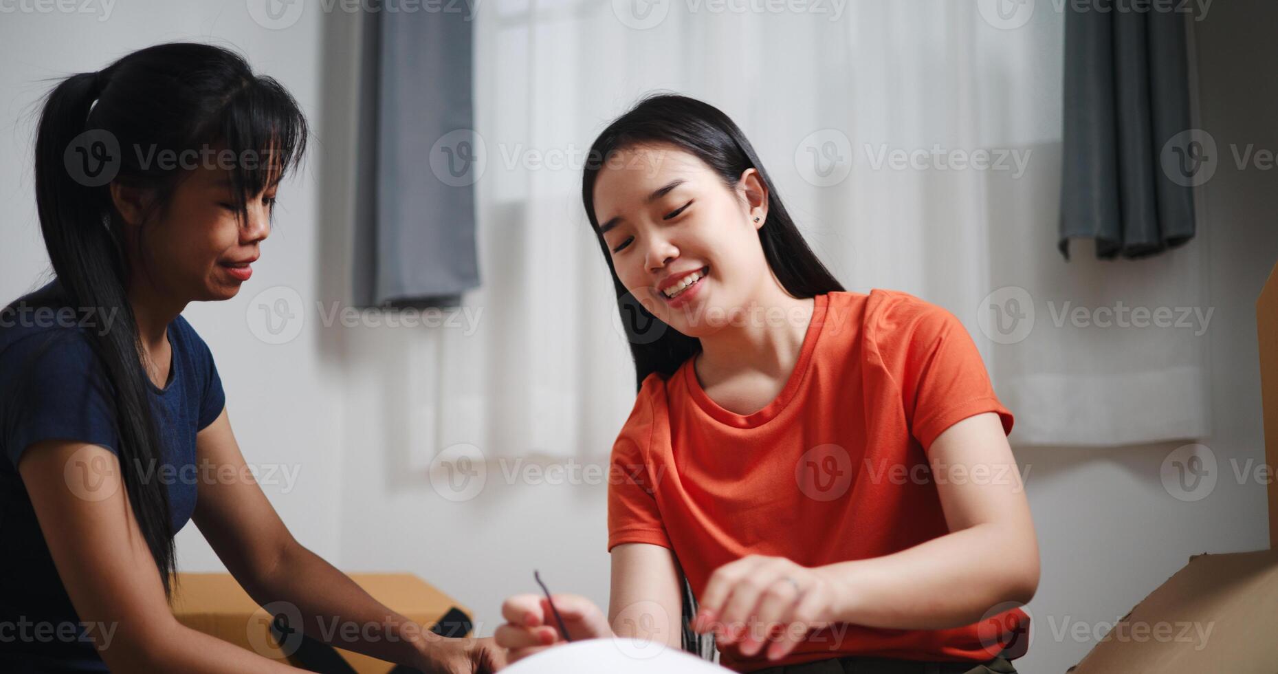 Portrait of Two Asian women are helping to assemble a floor lamp in the living room in new home. Moving to a new home concept photo