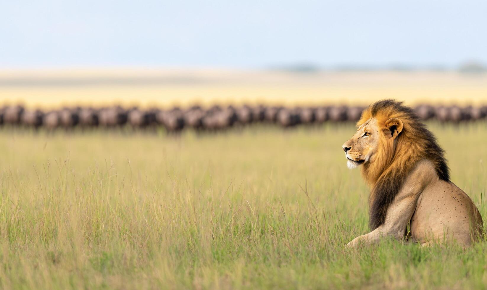 A lion sitting in the middle of a field with a herd of wildebeest photo