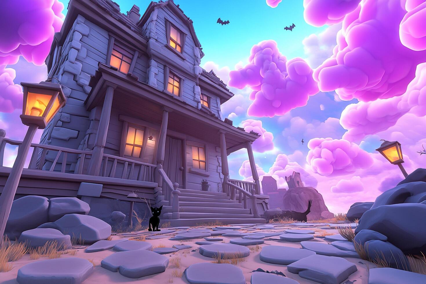A purple house with a cat on the front porch photo