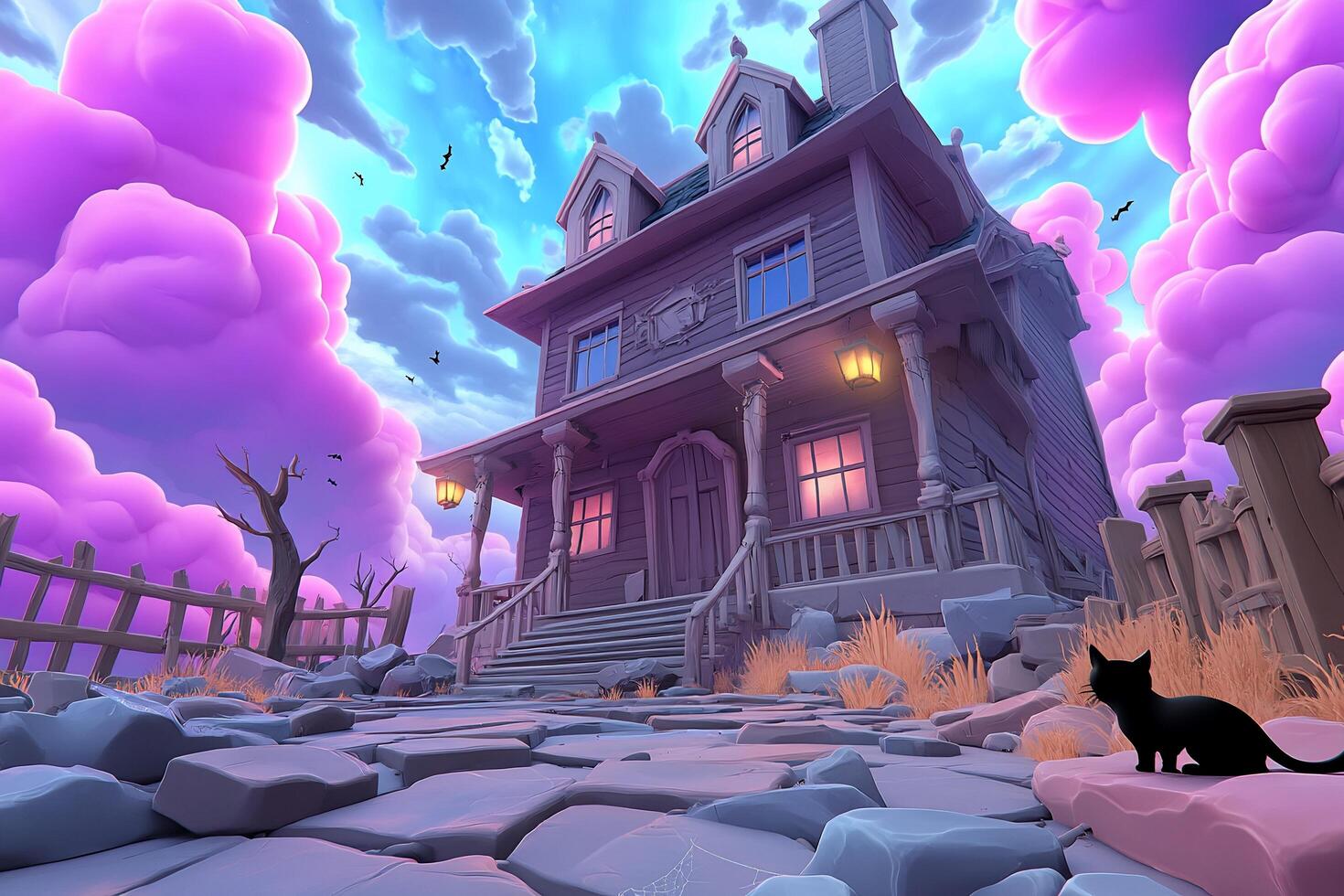 A house with a cat and a purple sky photo