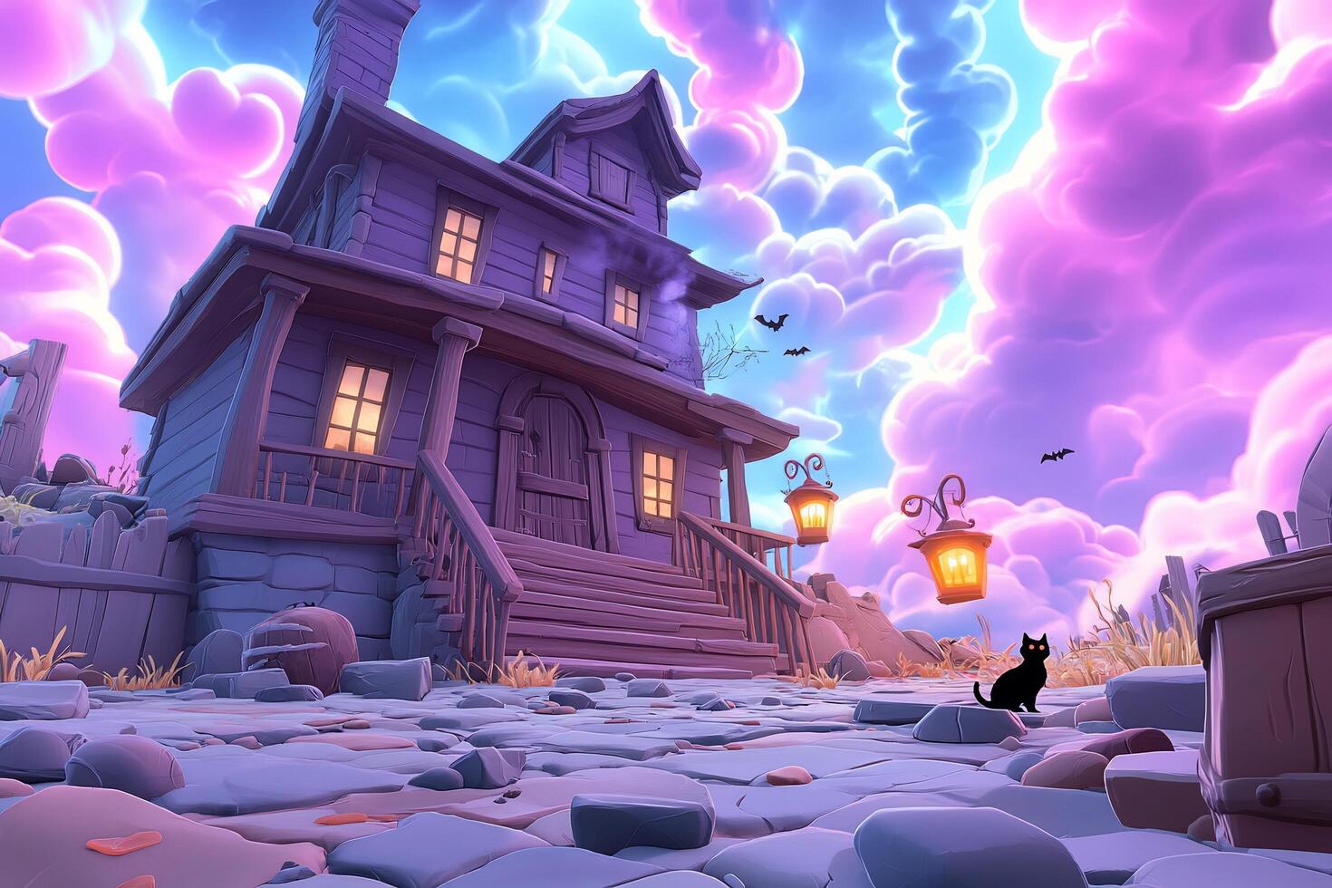 A purple house with a cat and a cat on the ground photo