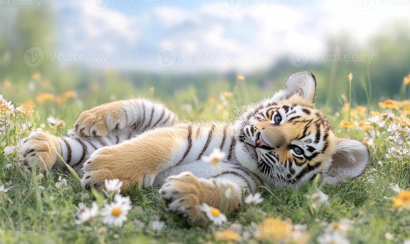 A tiger cub laying in the grass with flowers photo