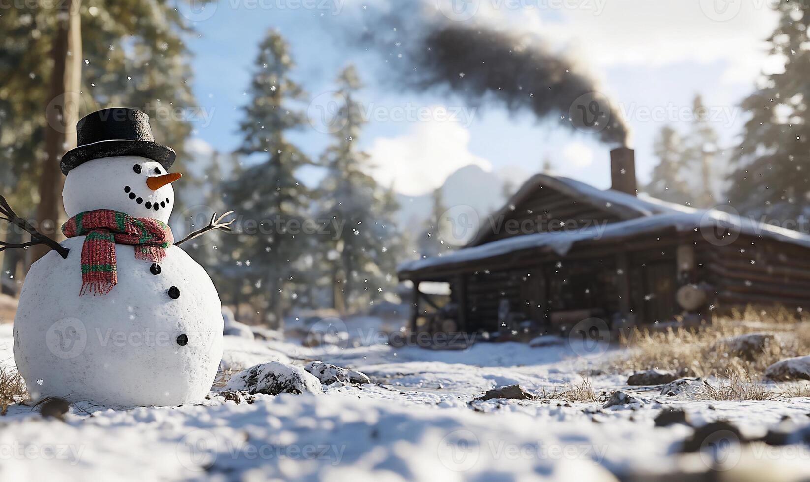 A snowman in front of a cabin in the snow photo