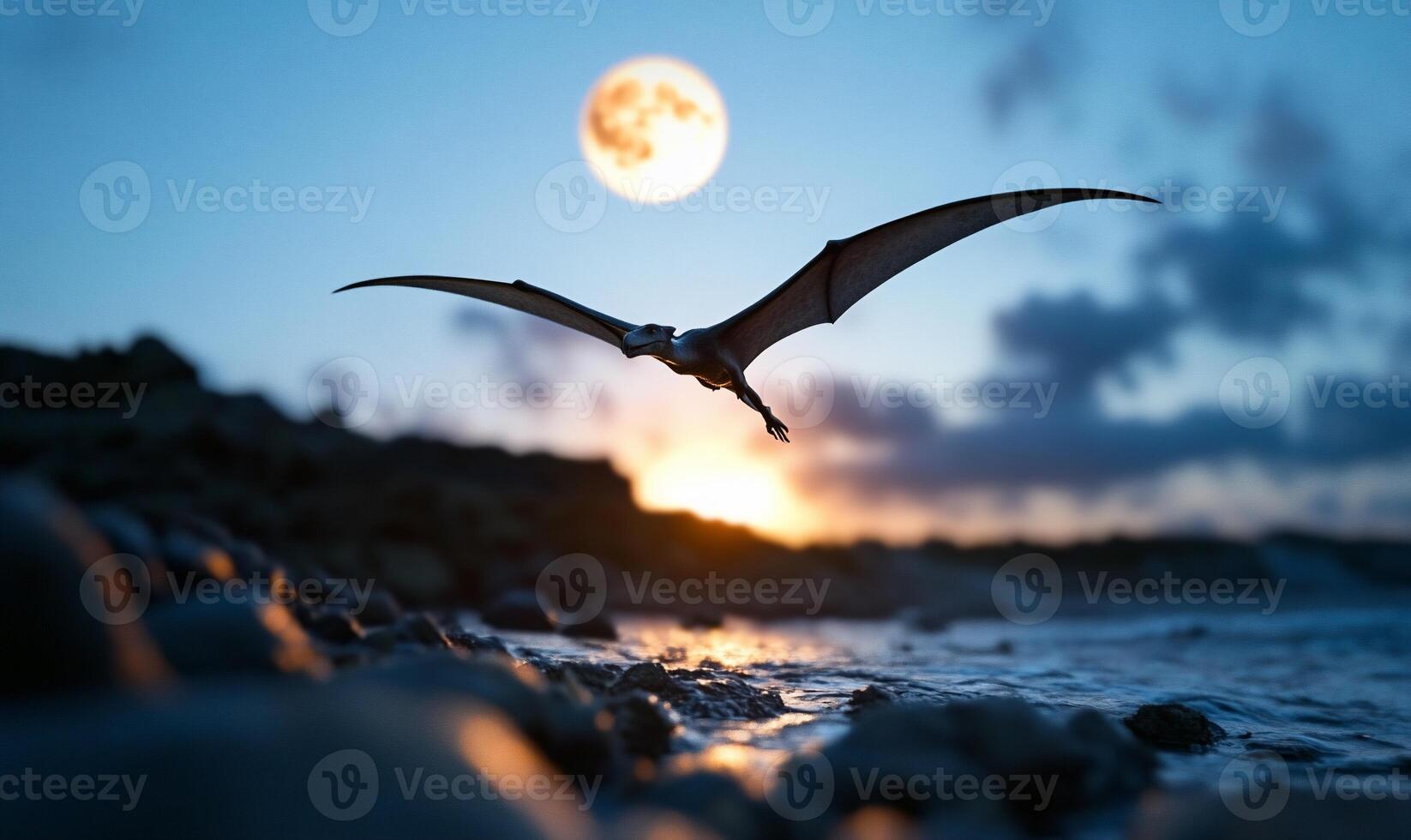 A dinosaur flying over the ocean at sunset photo