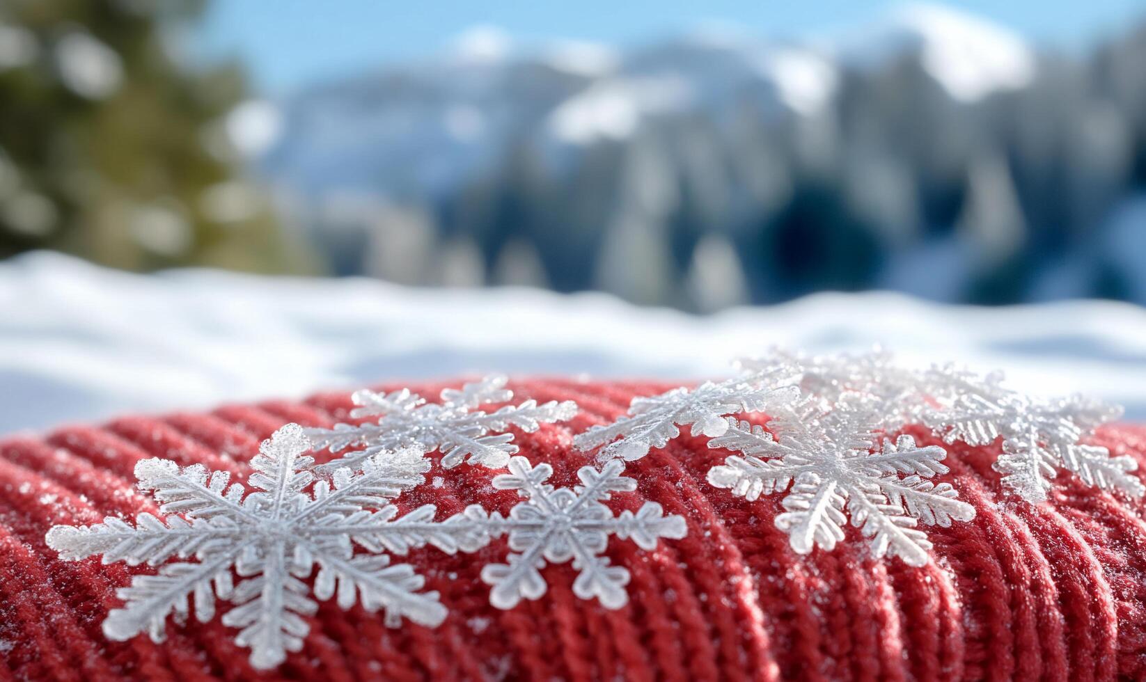 Snowflakes on a red knitted blanket in the snow photo
