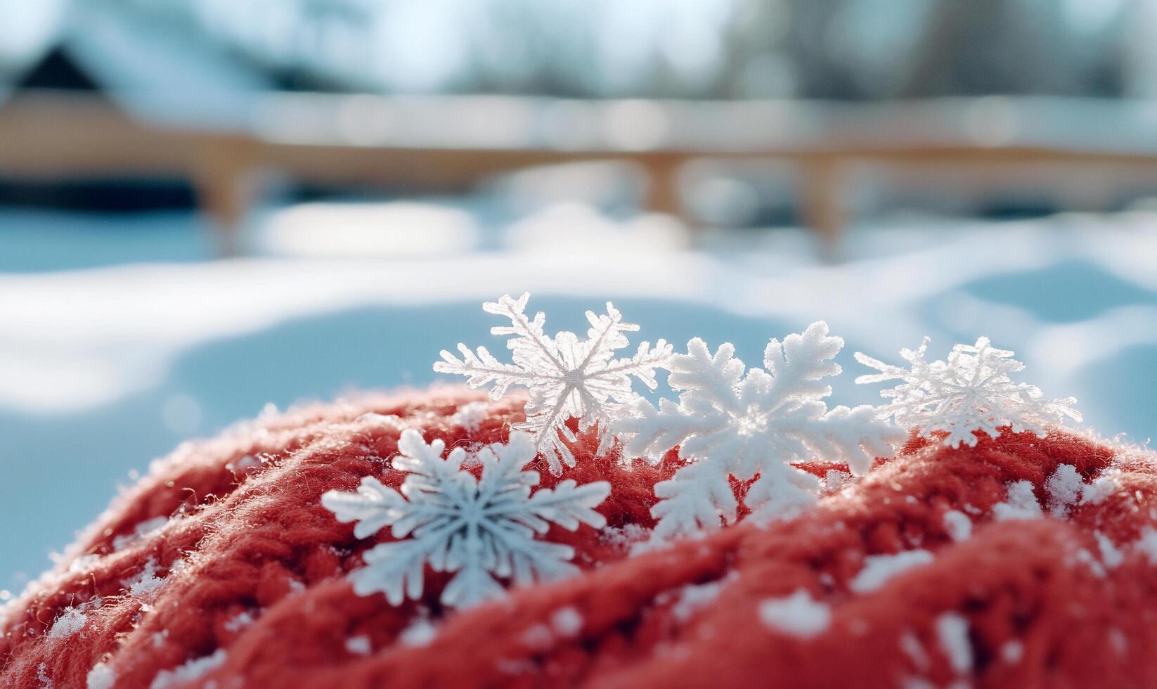 A red knitted hat with snowflakes on it photo