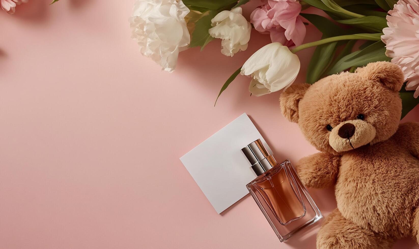 A teddy bear and perfume on a pink background photo