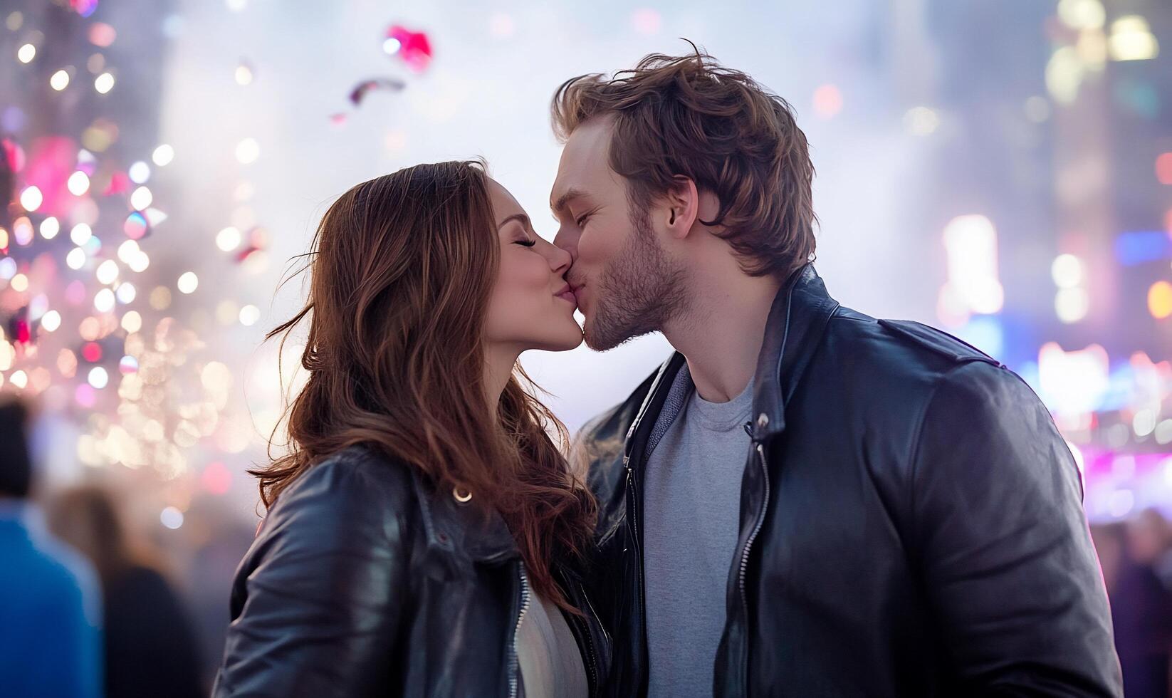 A couple kissing in front of a city with fireworks photo