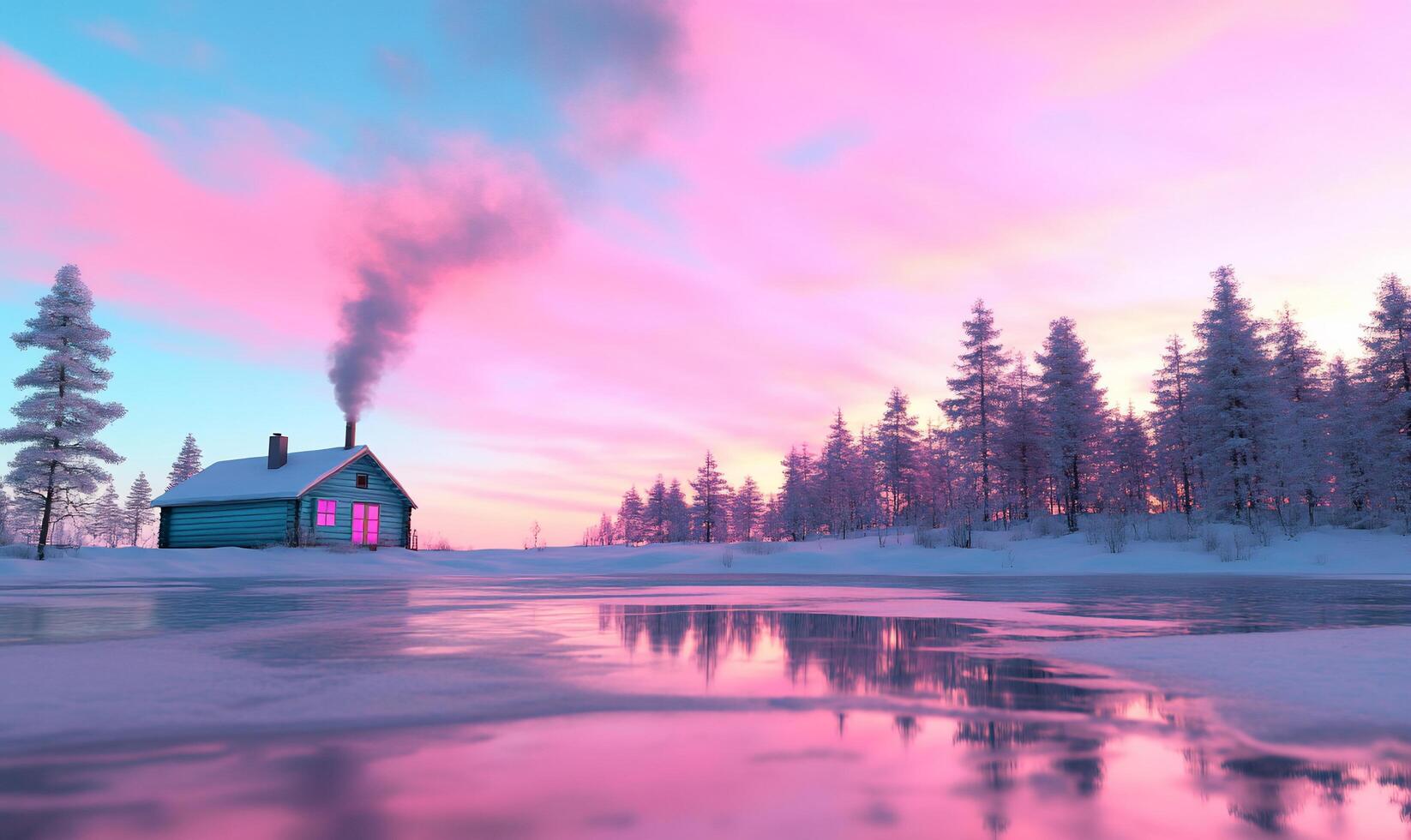 A house with a pink sky and snow on the ground photo