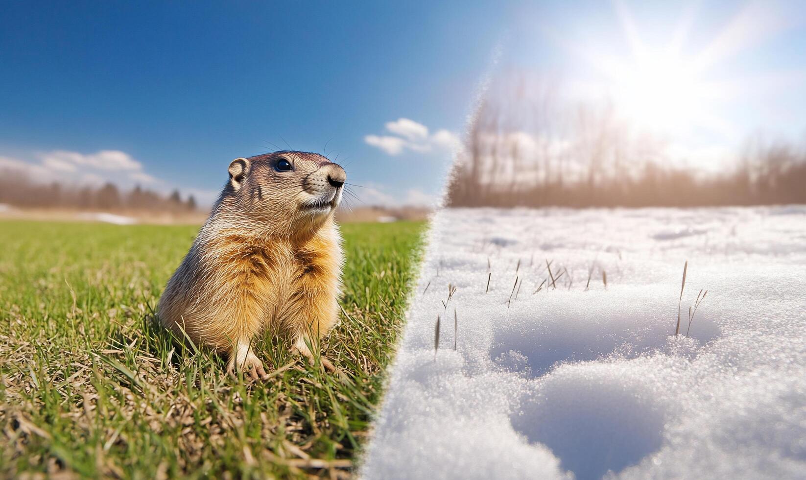 A ground squirrel in the snow and a sun shining photo