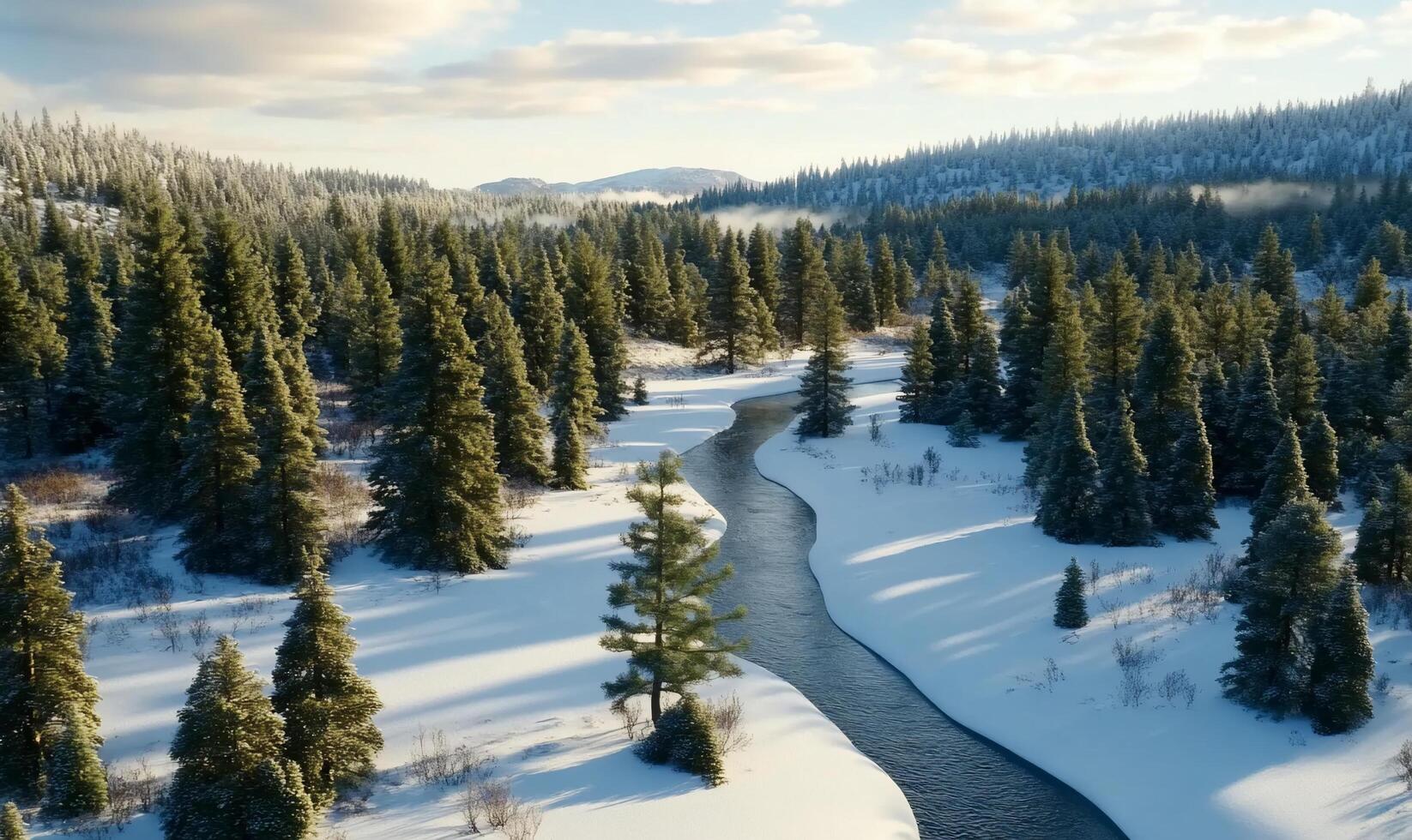 A river runs through a snowy forest photo