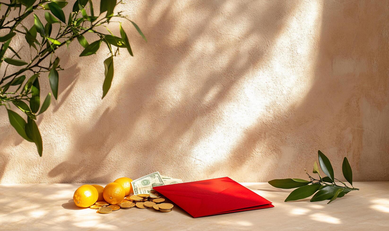 A red wallet sitting on a table next to a lemon photo