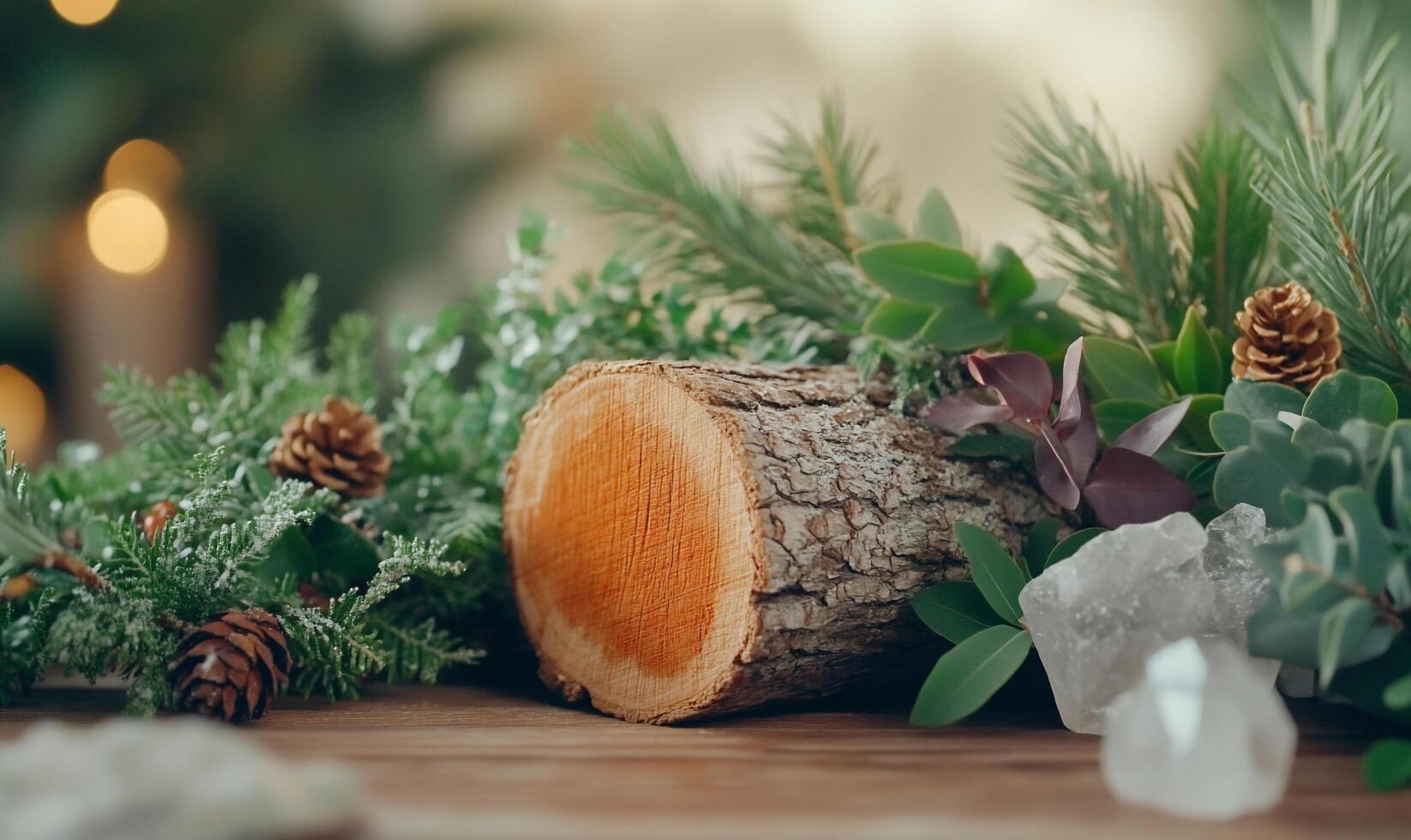 A log with pine cones, pine needles and other greenery photo