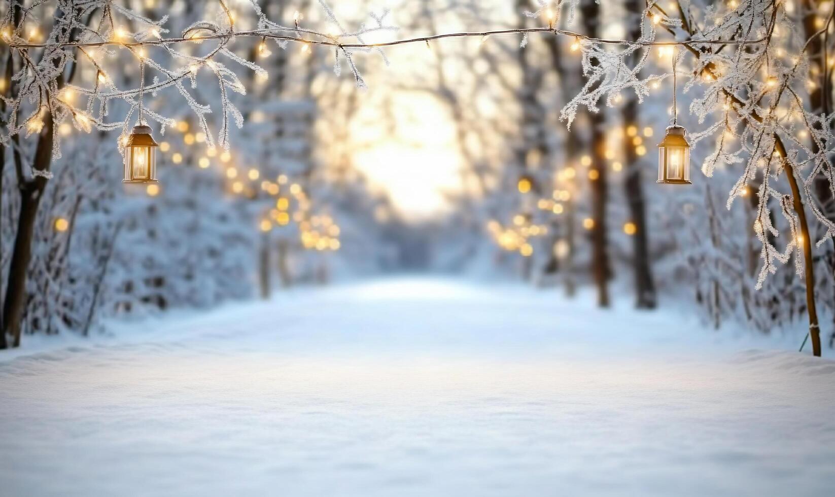 Winter landscape with christmas lights and snow photo