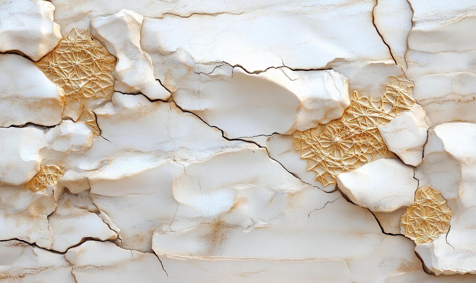 A close up of a cracked wall with gold paint photo