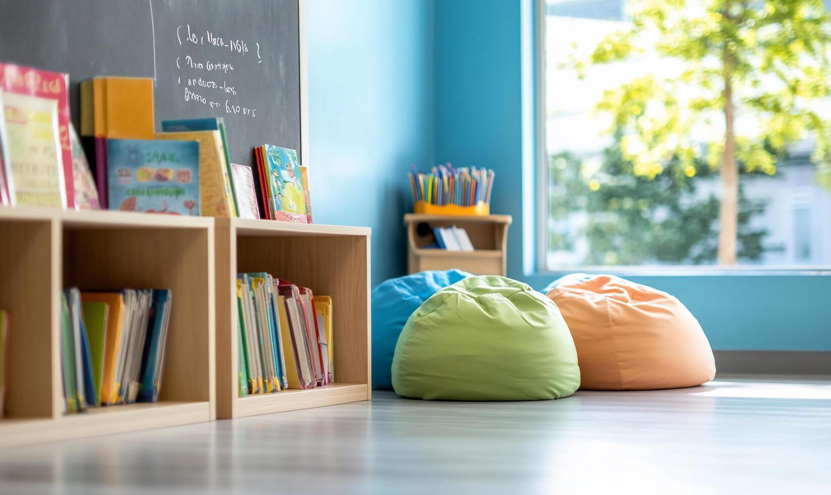 A room with bookshelves and bean bags photo