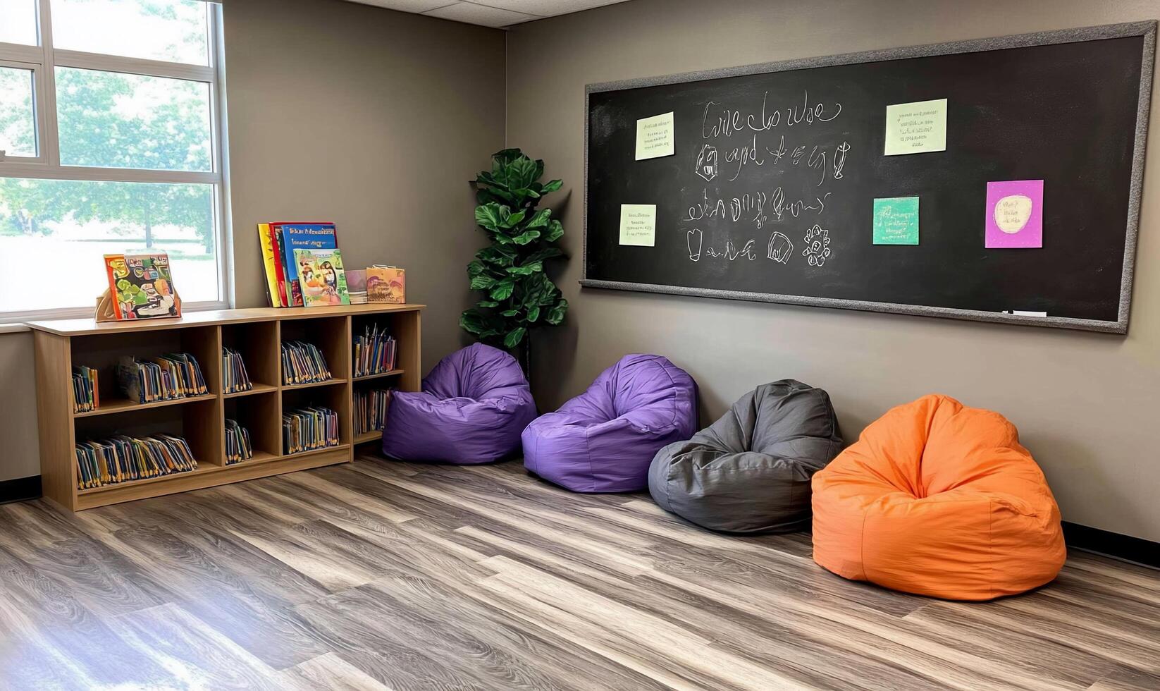 A classroom with bean bags and a chalk board photo