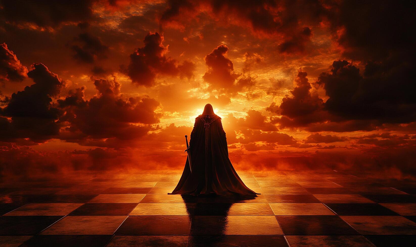 A man in a cloak stands on a chess board with the sun behind him photo