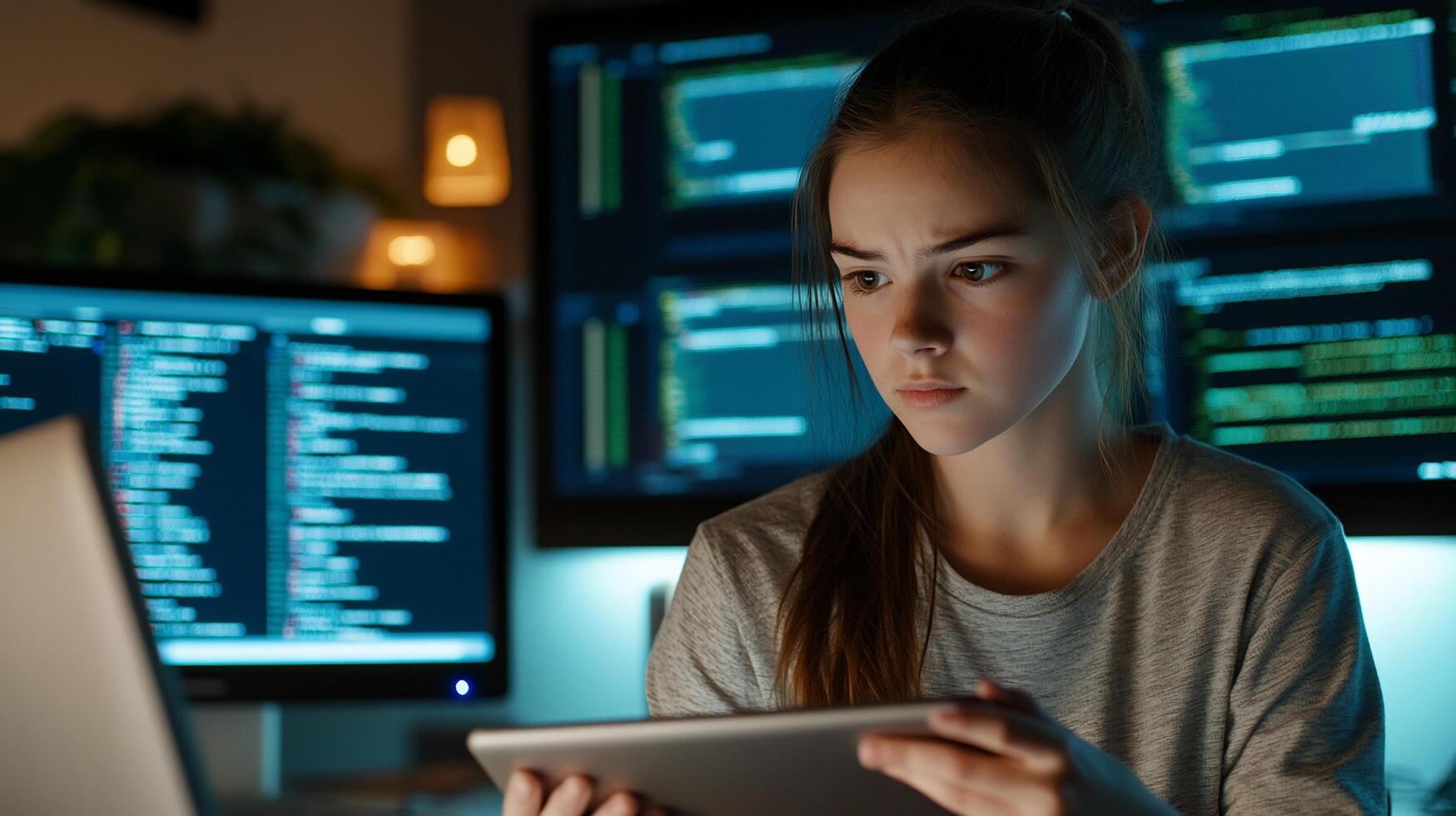 A woman is looking at a computer screen photo
