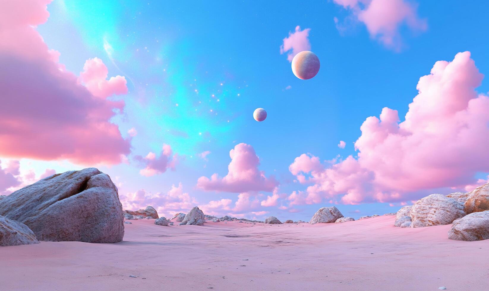 A pink sky with clouds and some rocks photo