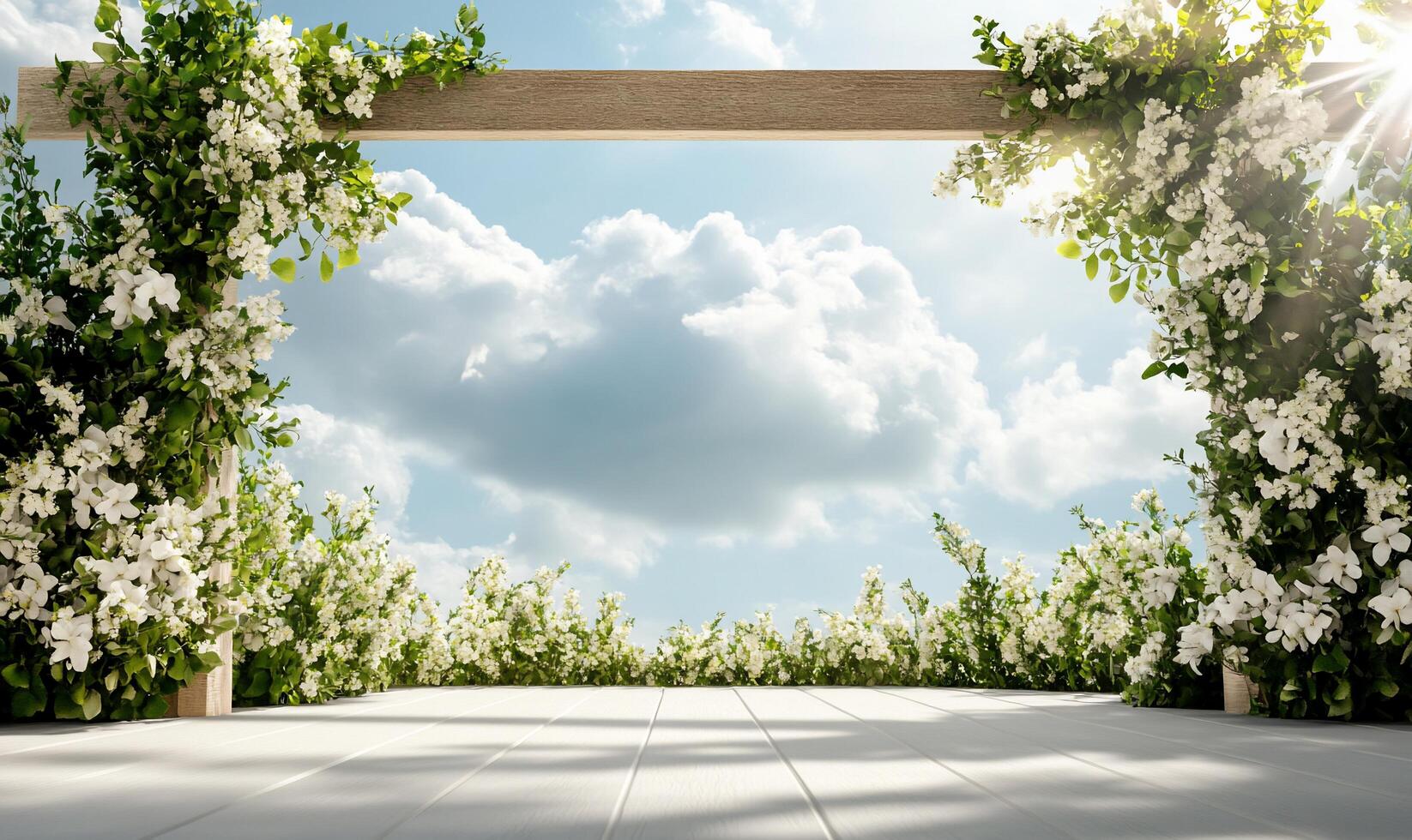 An open wooden archway with flowers and sky photo