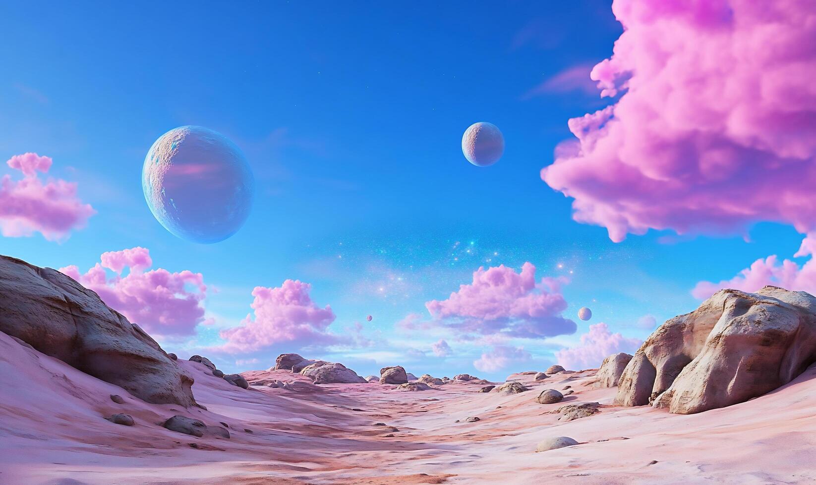 A desert with pink clouds and rocks photo