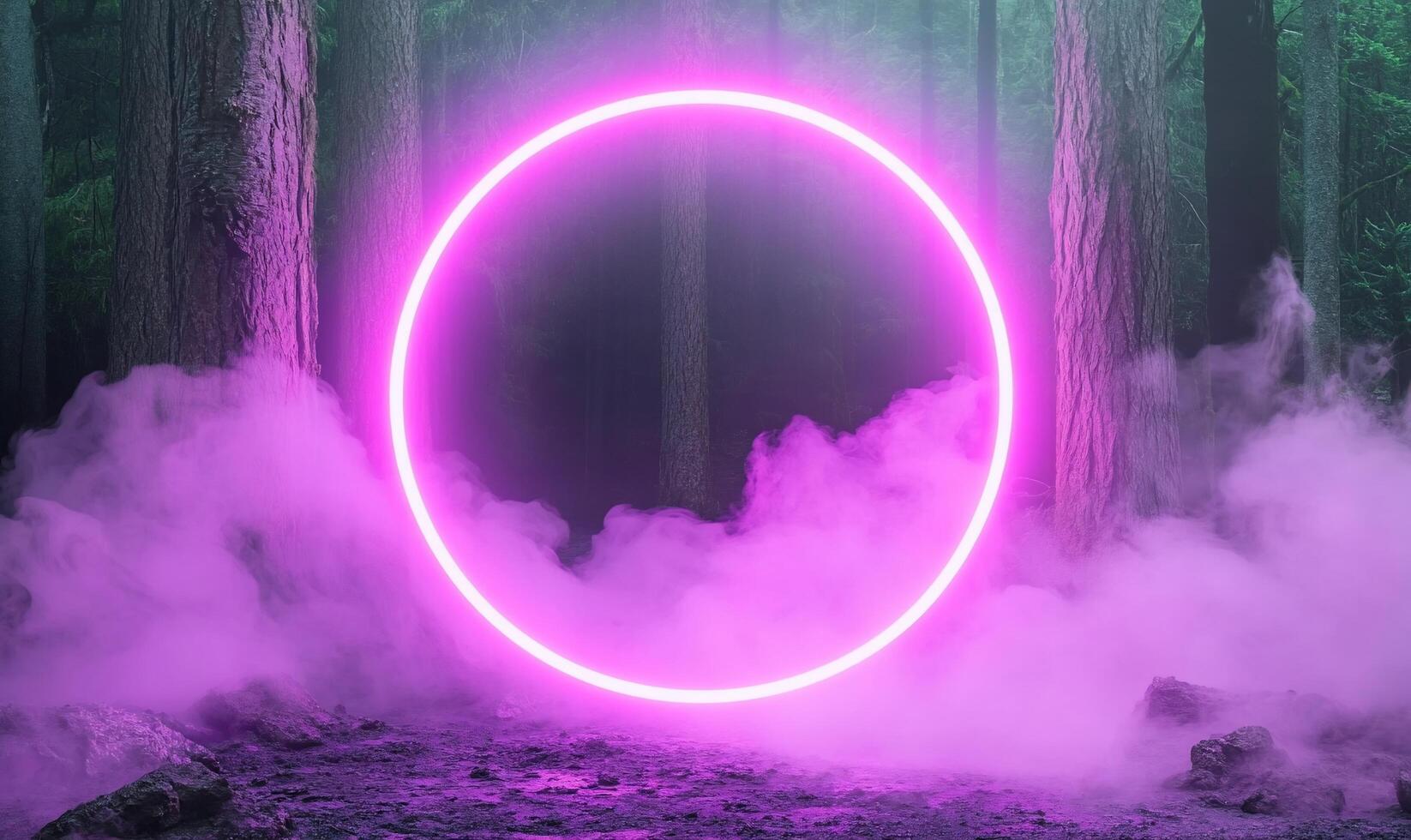 A purple circle in the middle of a forest photo