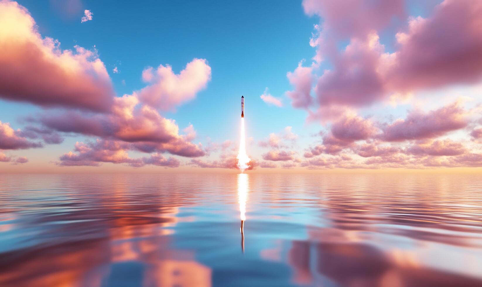 A rocket is flying into the sky over water photo