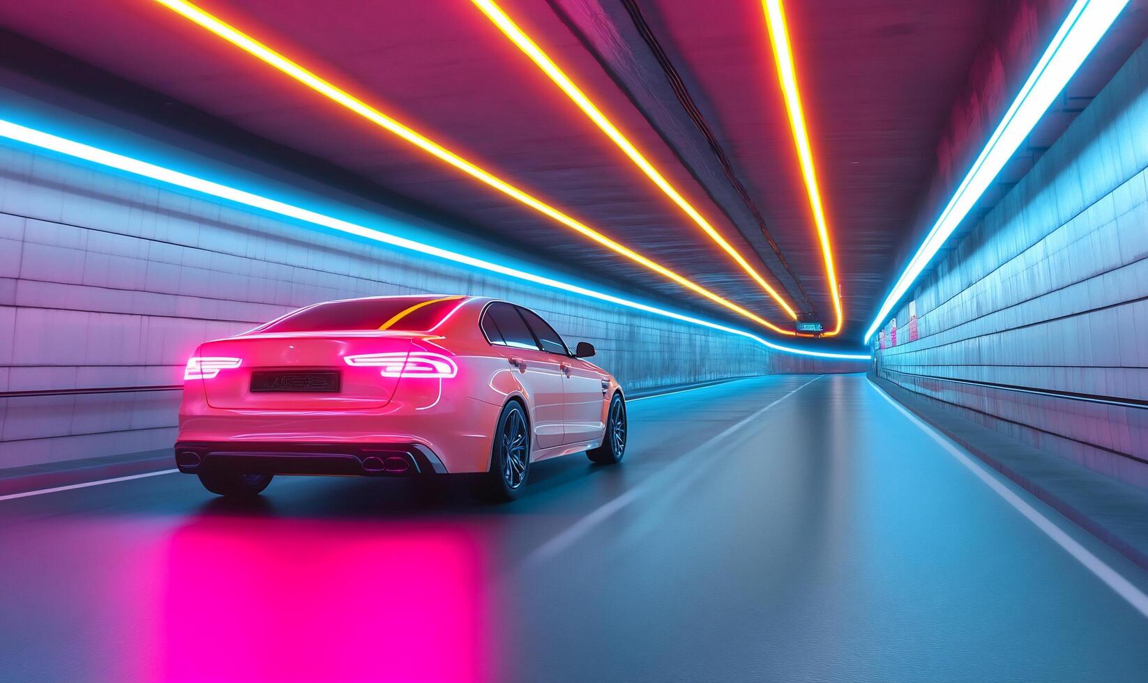 A car driving through a tunnel with neon lights photo