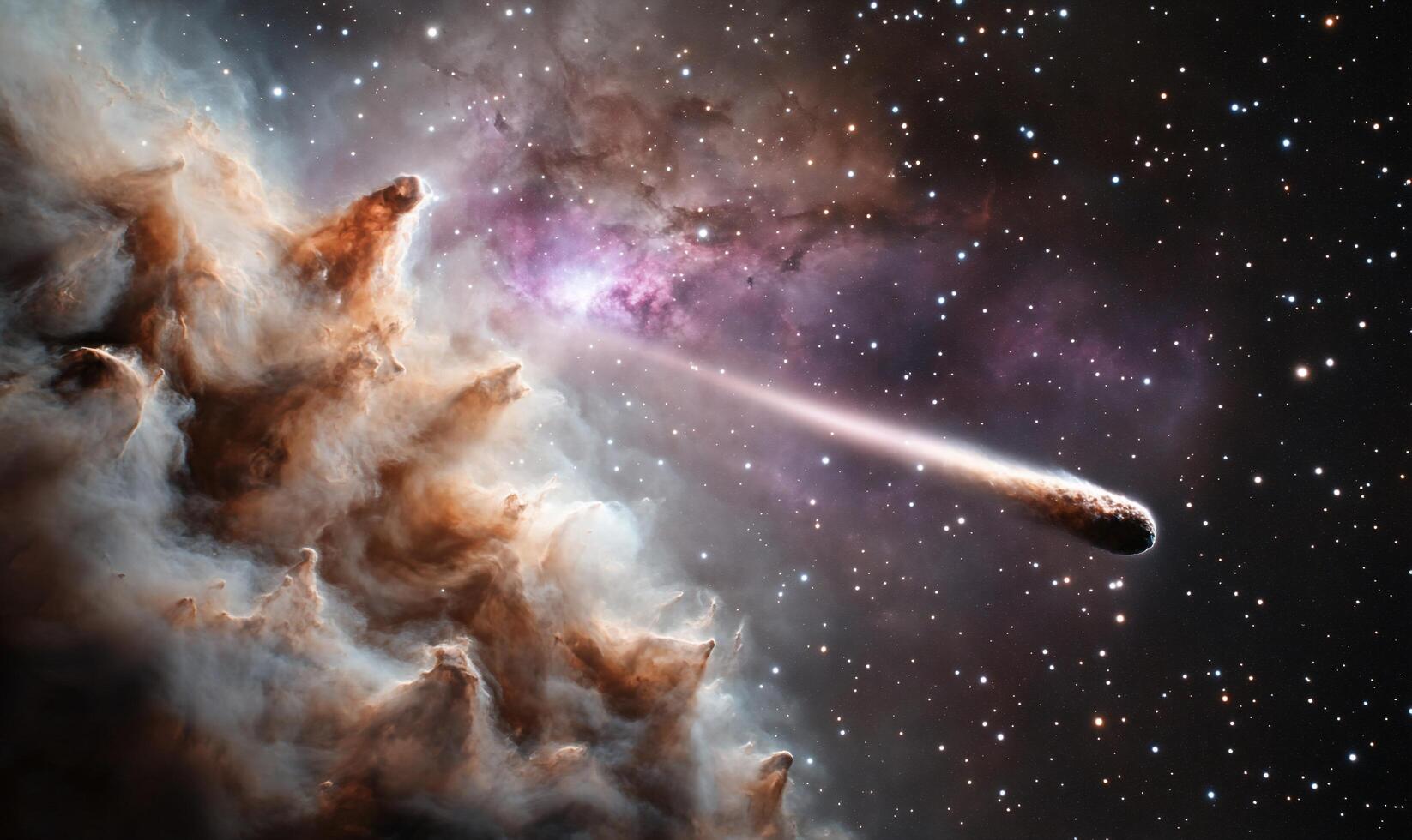 A comet is seen in the sky with a bright light photo