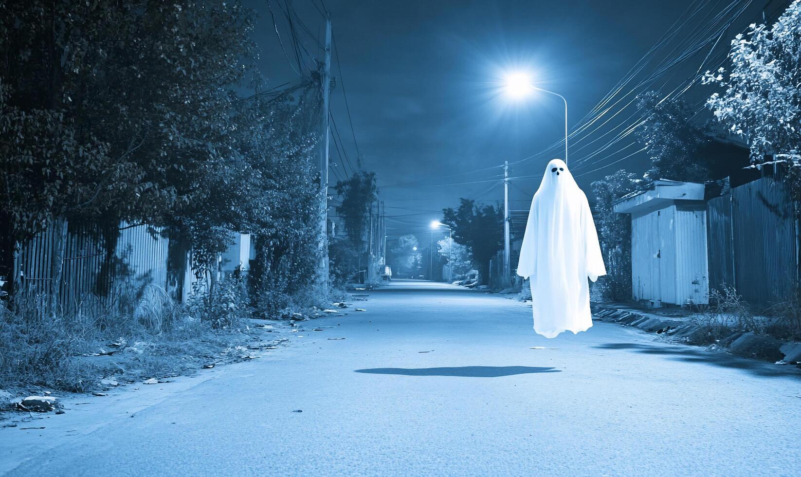 A ghostly figure is walking down the street at night photo
