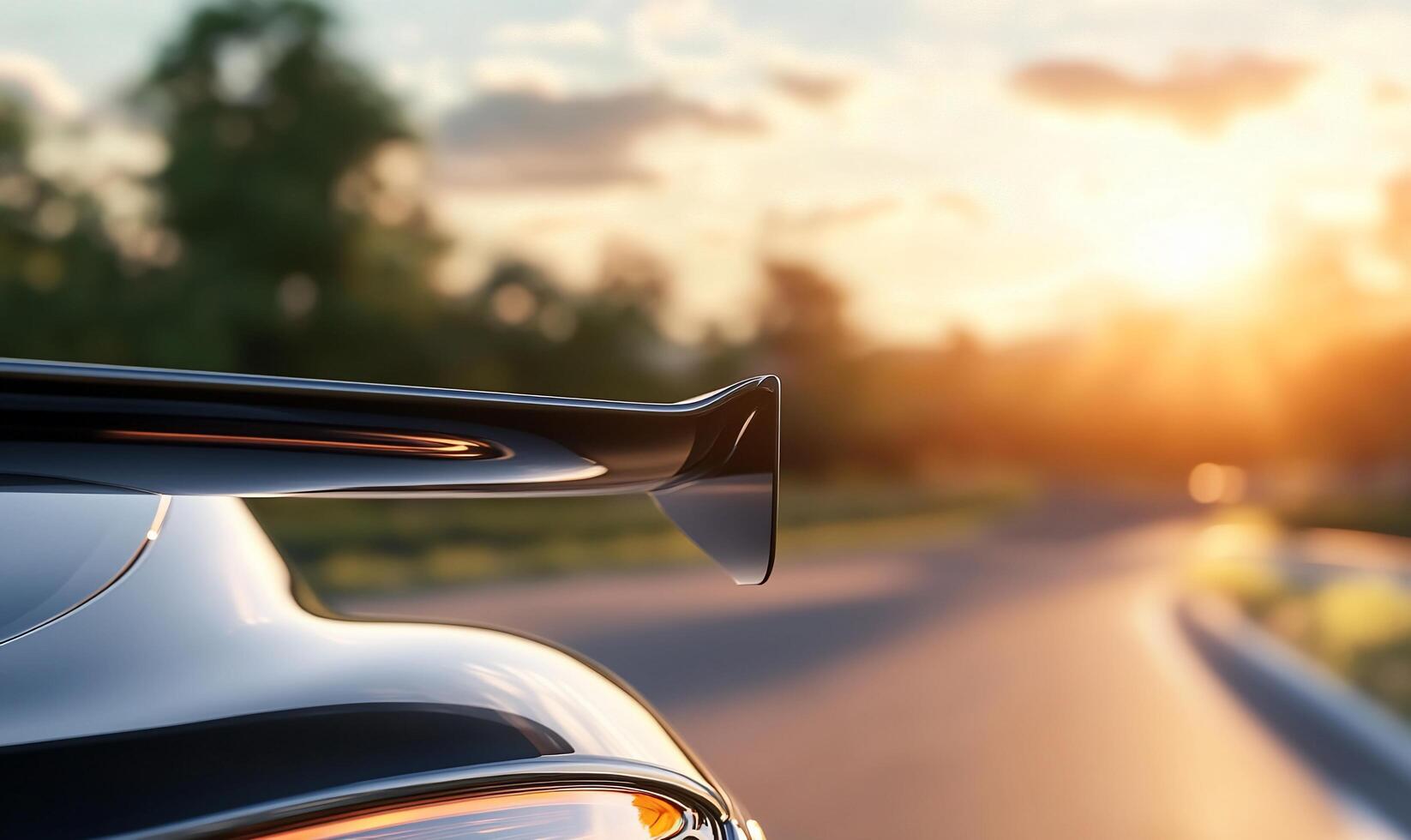 The rear end of a sports car on a road photo