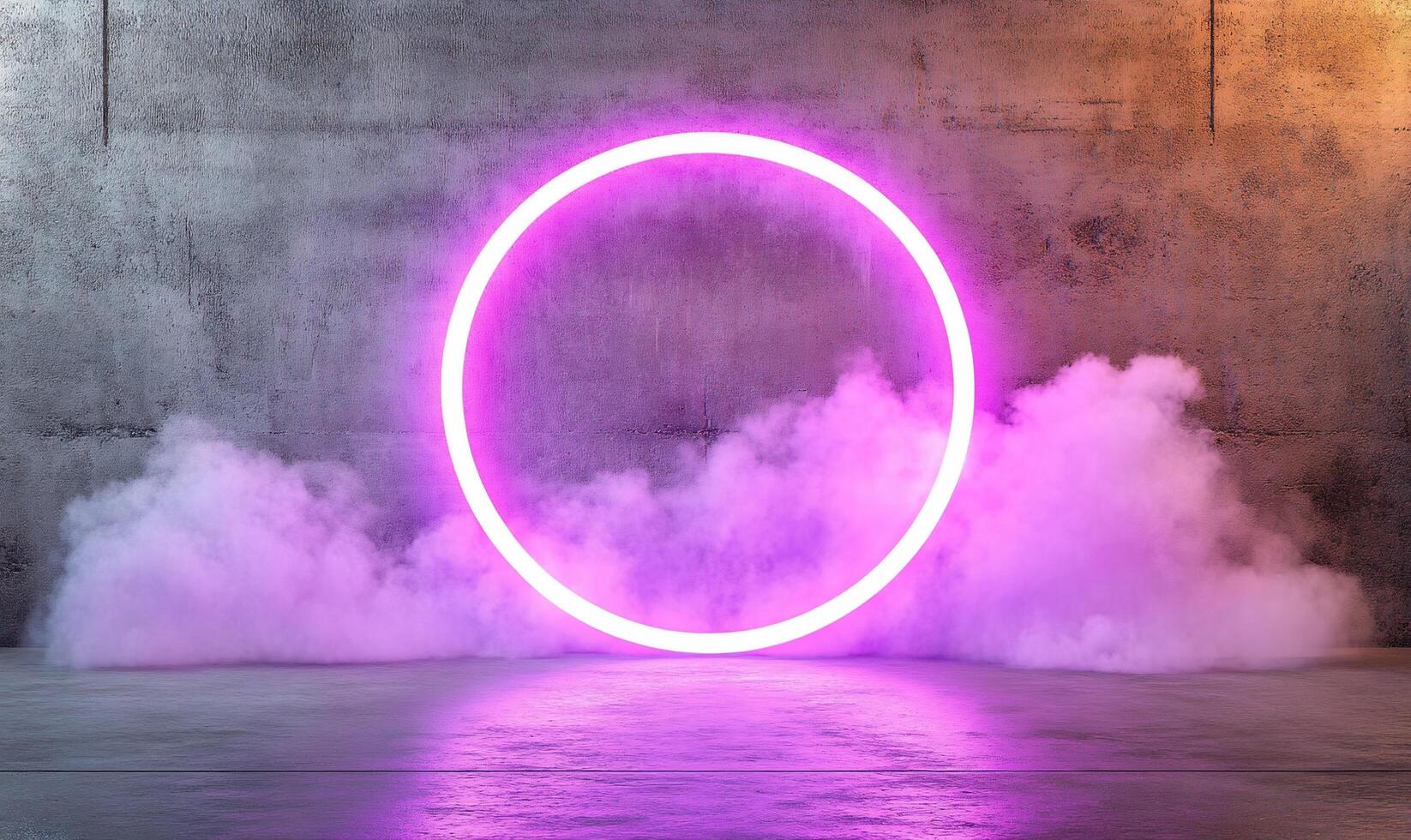 Neon circle with smoke in a concrete room photo