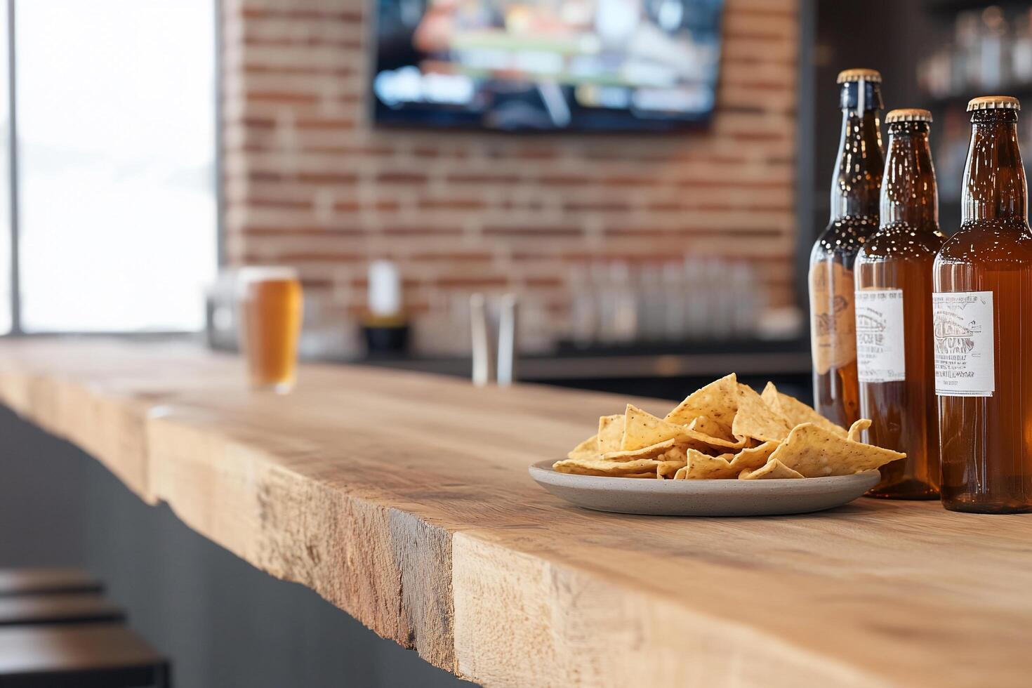 A wooden counter with beer bottles and chips photo