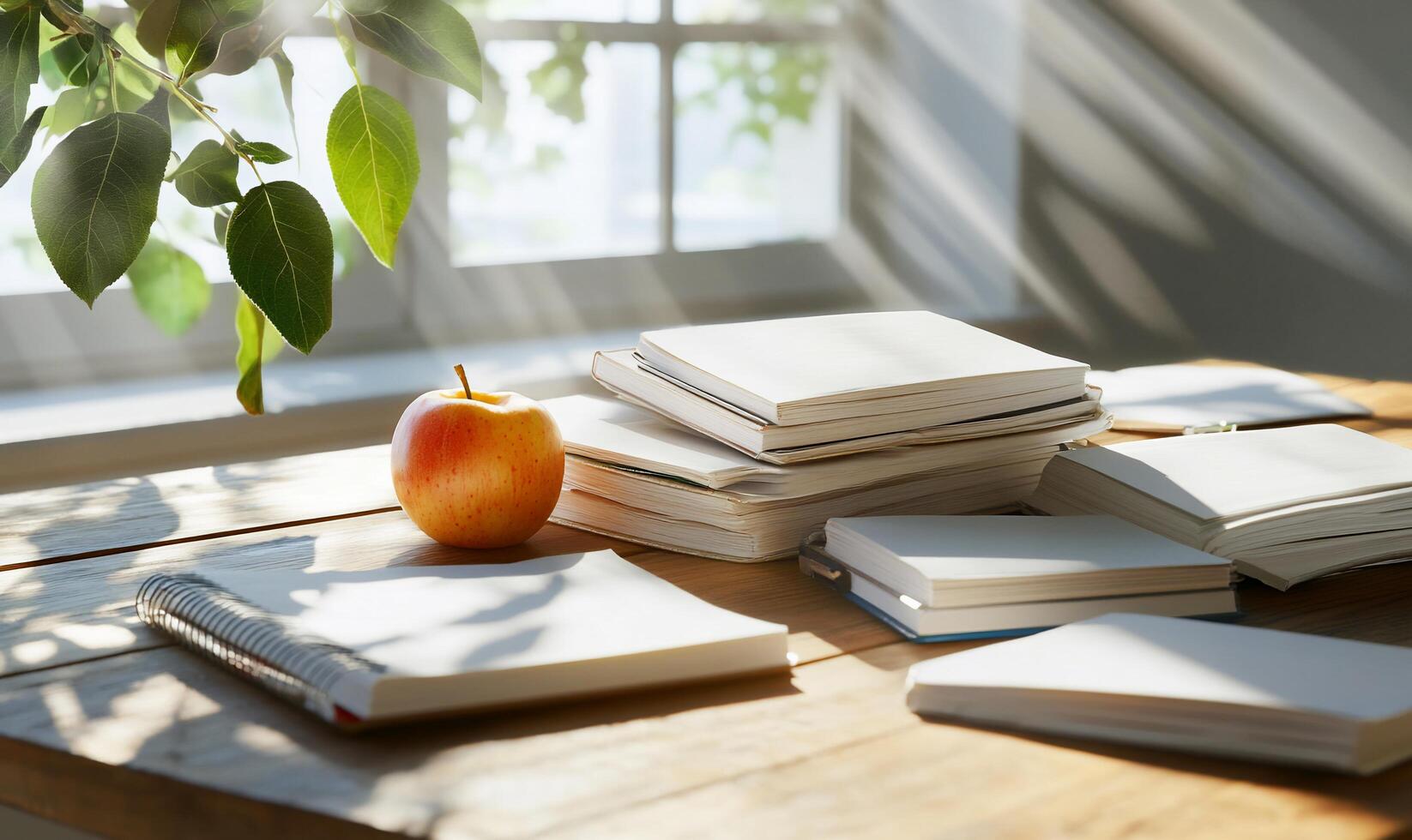 A stack of books and an apple on a table photo