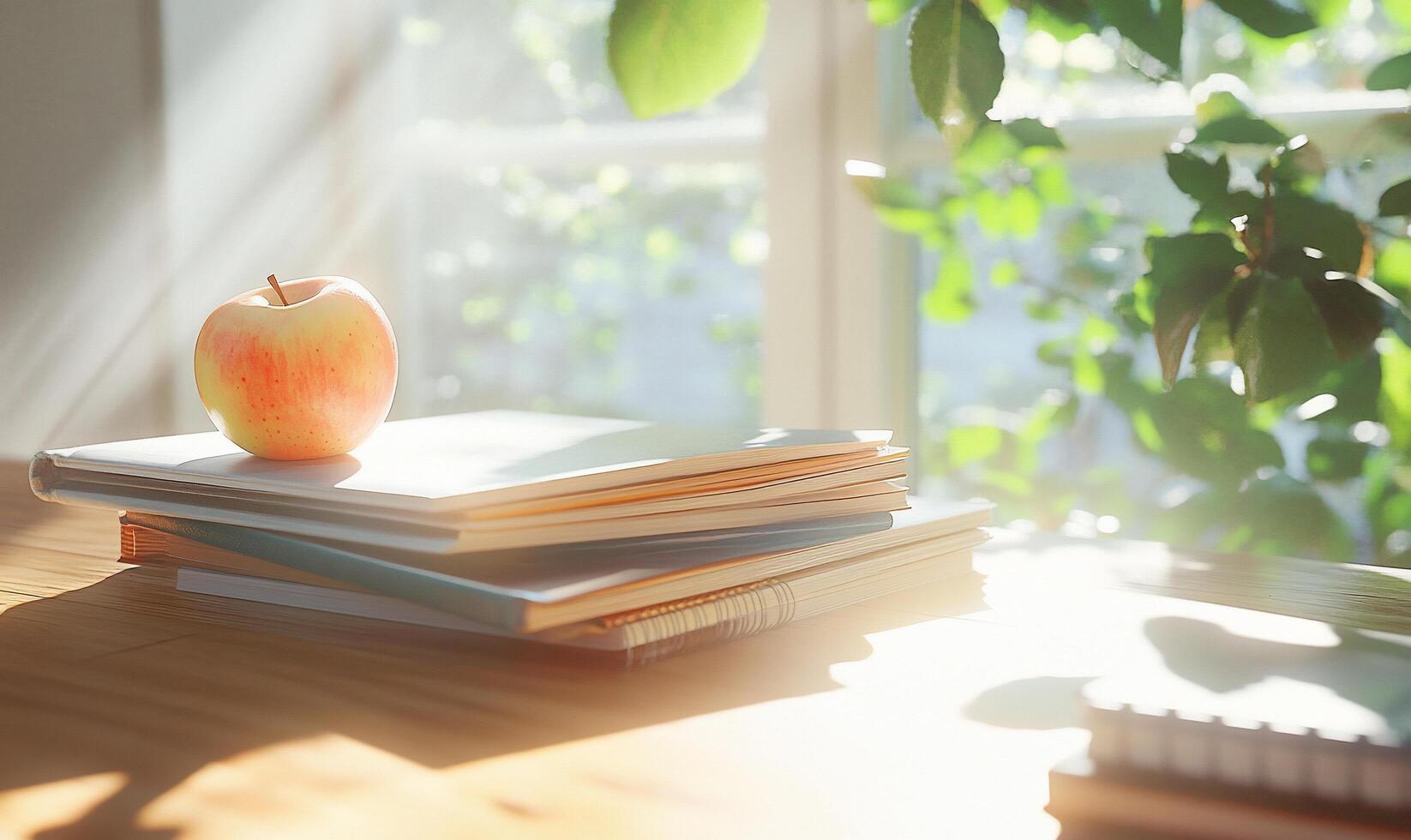 An apple sits on top of a stack of books photo