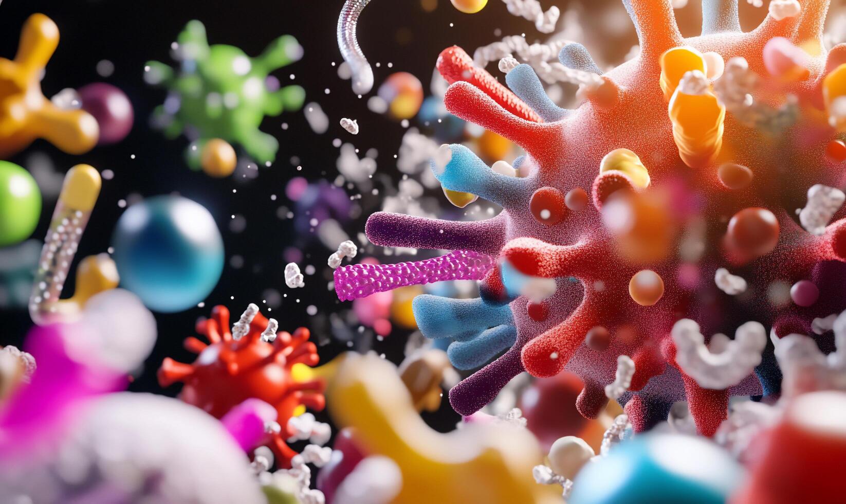 A colorful virus is surrounded by many different colored objects photo