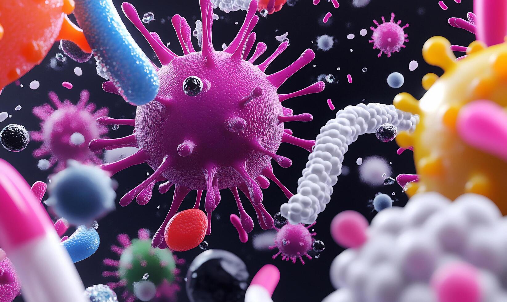 A colorful virus is surrounded by other viruses photo